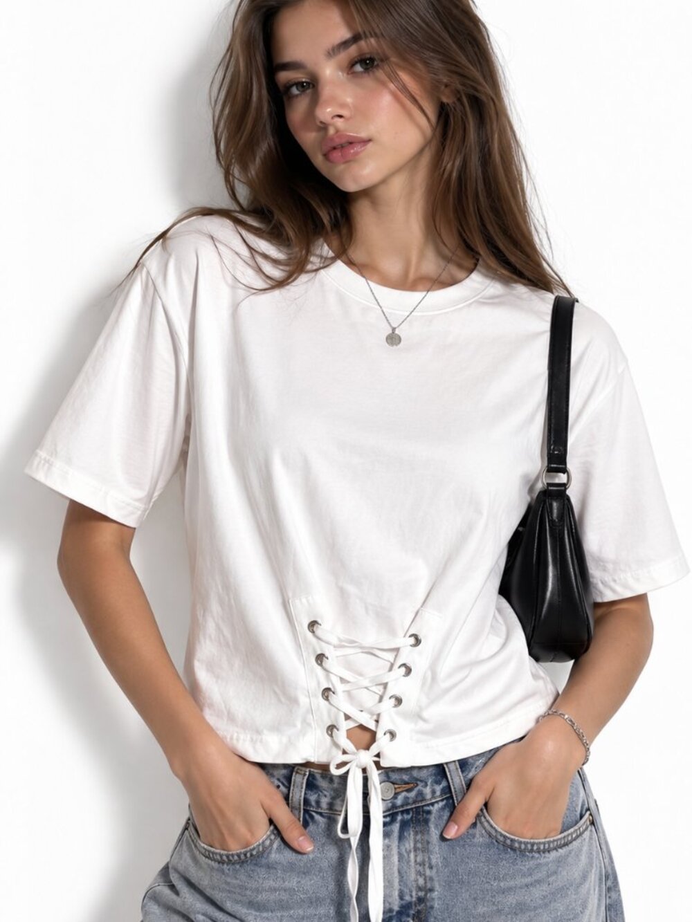 LALU White Lace-Up Front Short Sleeve Top Size M (US 10)